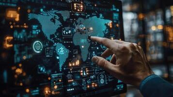 Global Business Network Man's Hand Interacting with Futuristic Digital Interface Showing World Map. photo