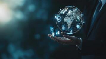 Global Business Technology Network Hand Holding Globe with Digital Icons for International Connection and Growth photo