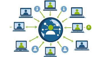 Global Communication Network of Laptops Connected to a Central Hub, Representing Collaboration and Technology photo