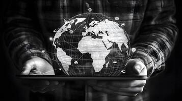 Global Communication Network Displayed on Tablet held by Person, Depicting Connectivity and Worldwide Connection. photo