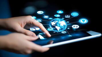 Global Communication Network on Tablet Connecting the World with Social Media and Digital Technology Concept photo