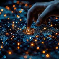 Global Connection Network Finger Tapping on Digital World Map with Glowing Data Points and Orange Connection Lines photo