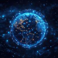 Global Connection Technology A Digital Earth with Nodes, Lines, and Glowing Particles for Network Communication photo