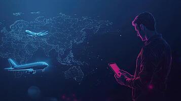 Global Connectivity and Aviation Man Using Mobile App with Airplane Network Route over World Map photo