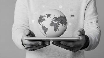 Global Connectivity and Technology A Person Holding a Tablet Displaying a Digital World Globe Network. photo