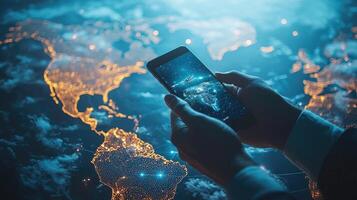Global Connectivity Businessman Using Phone with Earth Hologram Display for Digital Business and Communication photo