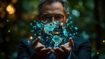 Global Connectivity Concept A Businessman Holding a Digital World Globe in His Hands, Emphasizing Networking and Technology photo