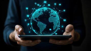 Global Connectivity Digital World Network on Tablet Held by Person, Social Media Connection, Data Sharing photo