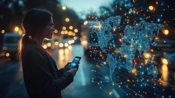 Global Connectivity Concept Woman Using Smartphone with Digital World Map Overlay Showing Network Connections and Data Transfer photo
