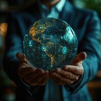 Global Connectivity Digital World Sphere Held in Hands, Representing Technology, Communications, and Security in a Connected Planet. photo