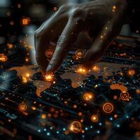 Global Connectivity Hand Interacting with Digital World Map Representing Data Flow and International Network photo