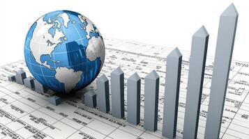 Global Market Growth A Conceptual Featuring a Globe and Rising Bar Graphs on Data Sheet. photo
