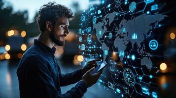 Global Network and Technology Connectivity A Businessman Navigating a Digital World Map on a Smartphone photo