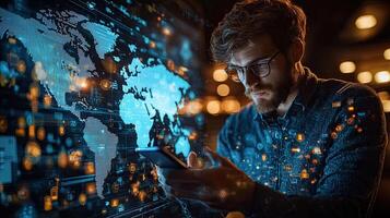 Global Network Communication Man Using Smartphone with Digital World Map Display and Glowing Interface Elements photo