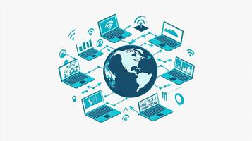 Global Network Connection Abstract Earth Surrounded by Laptops, Illustrating Worldwide Communication and Digital Technology Access, Modern Blue Design. photo