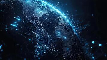 Global Network Connection Abstract World Map with Glowing Nodes and Lines on Dark Blue Background. Data Communication. photo