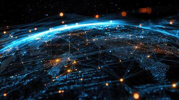 Global Network Connection Abstract World Map with Digital Data Flow and Bright Nodes for Communication and Technology. photo