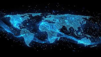 Global Network Connection Concept Blue World Map with Connected Dots and Lines on Black Background photo