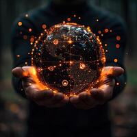 Global Network Connection Concept Man Holding Earth with Digital Nodes, Communication Technology, and Worldwide Business photo