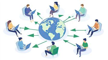 Global Network Connection Concept People Connecting Worldwide with Laptops and Earth Globe Surrounded by Arrows photo