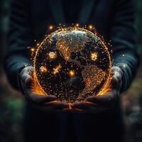 Global Network Connection in Hands A Digital World Concept of Technology, Communication, and Innovation. photo