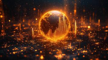 Global Network of Data Visualization Glowing Earth with Information Flow and Orange Light Streaks in the Dark, Futuristic photo