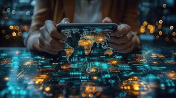 Global Network on Mobile Phone Display Data Visualization and Connection Technology Concept photo