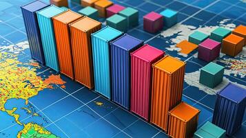 Global Trade Growth Concept Colorful Shipping Containers Chart Rising Over World Map Background, International Commerce, Export, Import photo