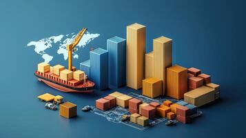 Global Trade Growth Shipping, Logistics, and Cargo Container Bar Graph on Blue Background with World Map. photo