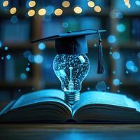 Glowing Idea Light Bulb Inside Graduation Cap Resting on Open Book Symbolizing Knowledge and Education. photo