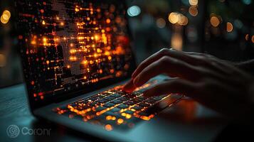 Glowing Laptop Keyboard with Circuit Board Display, Hand Typing in Dim Lighting, Digital Technology Concept photo