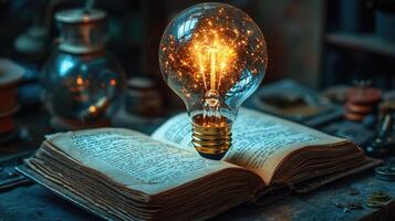 Glowing Lightbulb on Open Book Idea Generation, Creative Thinking, Knowledge, and Enlightenment Concept photo
