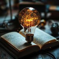 Glowing Lightbulb on Open Book Symbolizing Inspiration, Knowledge, and Innovative Ideas for Education and Business. photo