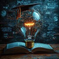 Glowing Lightbulb with Connections on Open Book Topped with Graduation Cap against a Chalkboard Background photo