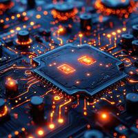 Glowing Motherboard Abstract Circuit Board with Orange Lights for Tech, AI, and Future Concepts photo