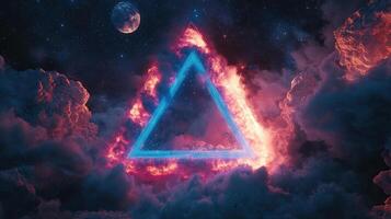 Glowing Neon Triangle Portal in a Starry Night Sky with Clouds and a Distant Planet photo