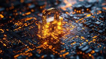 Glowing Padlock on Circuit Board Cybersecurity, Data Protection, Encryption, and Digital Security Concept photo