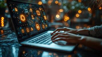 Glowing Network Connection On Laptop Screen With Hands Typing, Internet Technology and Communication Concept photo