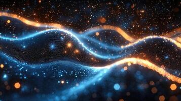 Glowing Particle Waveforms Futuristic Abstract Design with Blue and Orange Bokeh Lights for Science and Technology photo