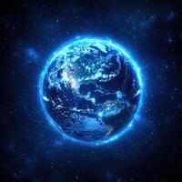 Glowing Planet Earth Surrounded by Starry Space, Global Network and Connection Lines Digital photo