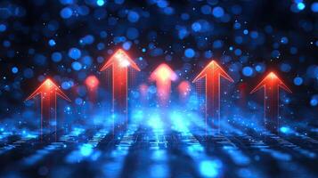 Glowing Red Arrows Ascending on Digital Circuit Board with Bokeh Background, High Tech Business Growth Concept photo