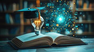 Graduation Cap on Open Book with Lightbulb Idea and Digital Network Glow Education Technology Concept photo