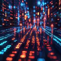 Glowing Red Arrows Indicate Upward Trends on a Digital Grid, Symbolizing Growth and Success photo