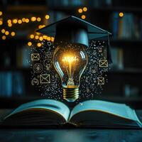 Graduation Cap on Open Book with Lightbulb Idea and Floating Icons Knowledge and Education Concept photo