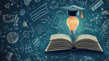 Graduation Cap, Light Bulb, and Open Book Symbolizing Education, Knowledge, Ideas, and Academic Achievement on Chalkboard Background. photo