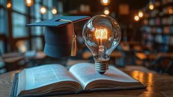 Graduation Cap, Light Bulb, and Open Book on Wooden Desk Symbolizing Education, Knowledge, and Bright Ideas photo