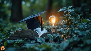 Graduation Cap, Lightbulb, and Open Book in Enchanted Forest Symbolizing Knowledge, Education, and Intellectual Illumination photo