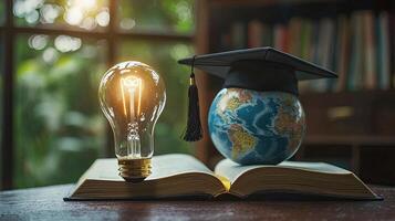 Graduation Mortarboard Globe with Light Bulb on Book, Concept of Global Education and Bright Ideas photo