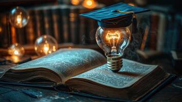 Graduation Concept Light Bulb, Mortarboard on Open Book, Symbolizing Ideas, Knowledge, and Education Achievement photo