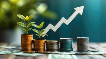 Growing Investment Coins Stacked with Seedling Growth and a Rising Arrow Representing Financial Success photo